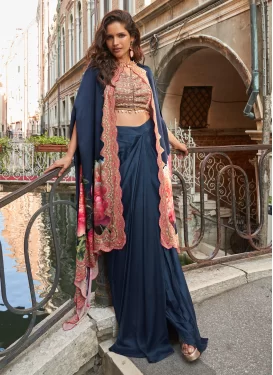 Crepe Silk Designer Suit with Embroidered Work for Women in Navy Blue