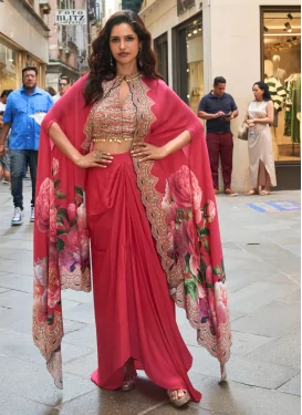 Crepe Silk Designer Suit with Embroidered Work in Rose Pink