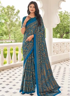 Crepe Silk Digital Print Work Trendy Saree in Teal