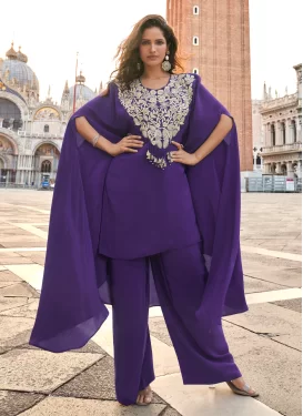 Crepe Silk Embroidered Work Palazzo Suit in Purple