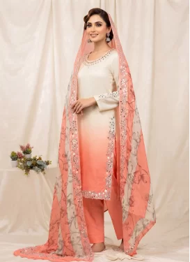 Crepe Silk Embroidered Work Readymade Salwar Suit in Cream and Salmon