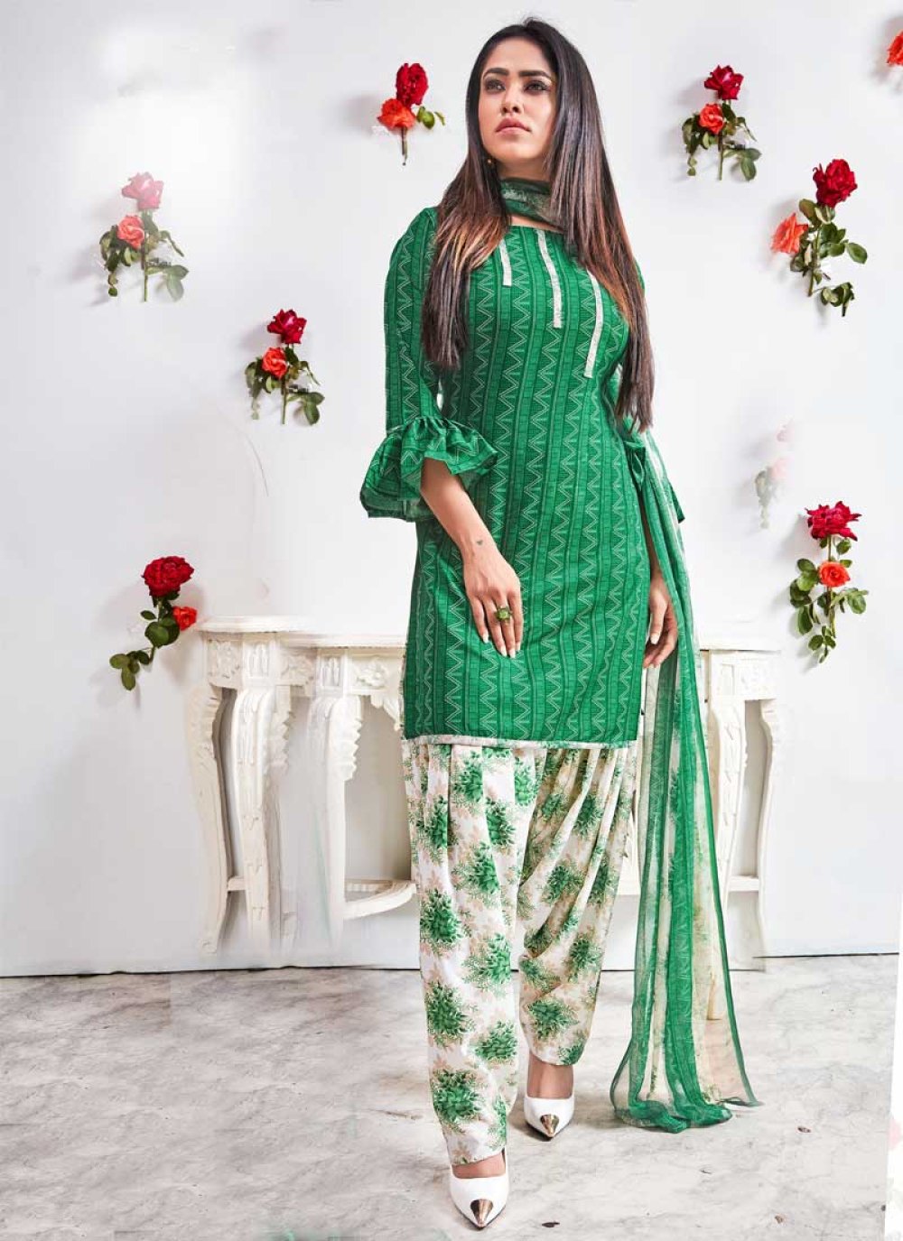 green and white patiala suit