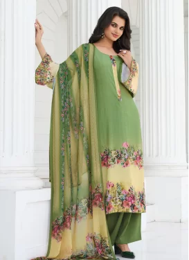 Crepe Silk Palazzo Suit in Cream and Mint Green with Digital Print Work for Festival