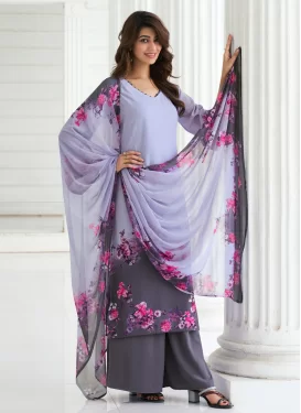 Crepe Silk Palazzo Suit with Digital Print Work for Ceremonial in Grey and Lavender