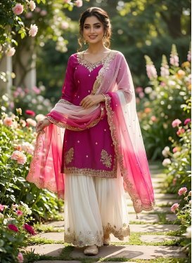 Crepe Silk Palazzo Suit with Embroidered Work for Ceremonial in Rose Pink and White