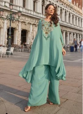 Crepe Silk Palazzo Suit with Embroidered Work for Festival in Aqua Blue