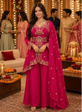 Crepe Silk Palazzo Suit with Embroidered Work in Rose Pink for Festival