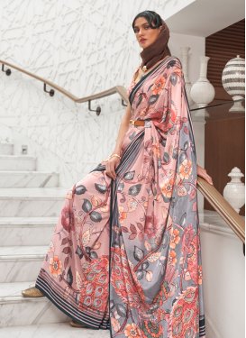 Grey and Salmon Crepe Silk Designer Traditional Saree For Ceremonial