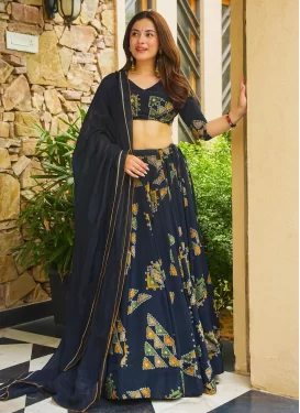 Crepe Silk Readymade Lehenga Choli with Digital Print Work for Festival in Navy Blue