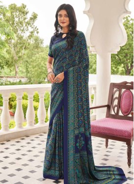 Crepe Silk Traditional Saree in Navy Blue with Digital Print Work for Casual