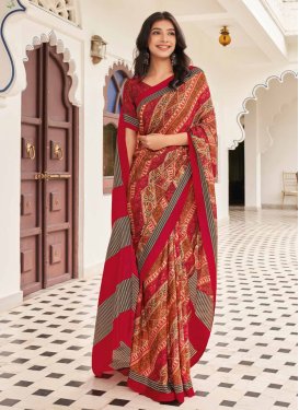 Crepe Silk Traditional Saree with Digital Print Work in Red for Casual