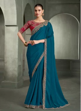 Crepe Silk Traditional Saree with Embroidered Work in Teal