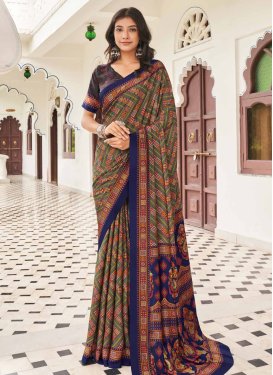 Crepe Silk Trendy Saree with Digital Print Work in Green and Navy Blue for Casual