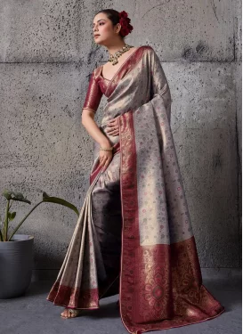 Crimson and Grey Kanjivaram Silk Woven Work Trendy Saree for Women