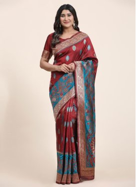 Crimson and Light Blue Art Silk Traditional Designer Saree