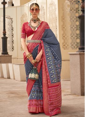 Crimson and Navy Blue Silk Blend Traditional Designer Saree For Ceremonial