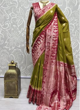 Crimson and Olive Handloom Silk Designer Contemporary Style Saree