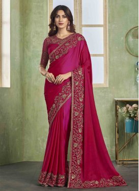 Crimson and Rose Pink Satin Silk Designer Contemporary Style Saree