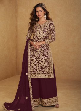 Crimson Georgette Palazzo Suit with Embroidered Work for Festival