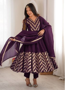 Crunchy Silk Anarkali Suit with Embroidered Work for Festival in Purple