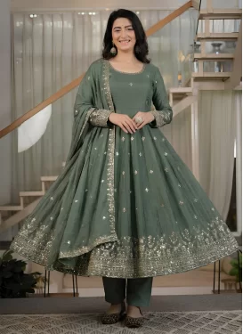 Crunchy Silk Anarkali Suit with Embroidered Work for Festival in Sea Green