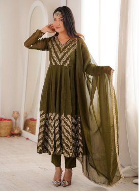 Crunchy Silk Anarkali Suit with Embroidered Work in Olive for Festival