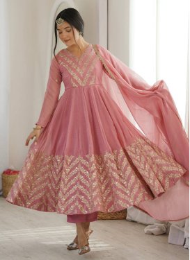 Crunchy Silk Anarkali Suit with Embroidered Work in Pink for Ceremonial