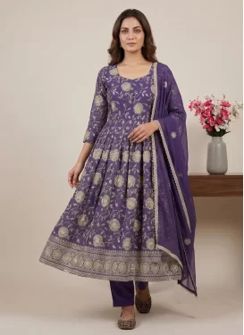 Crunchy Silk Anarkali Suit with Embroidered Work in Purple