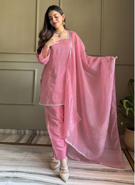 Crunchy Silk Fancy Work Readymade Salwar Suit in Pink