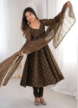 Crunchy Silk Mirror Work Anarkali Suit in Brown