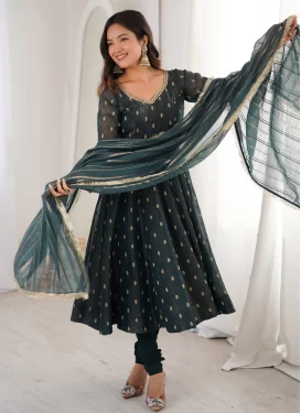 Crunchy Silk Mirror Work Anarkali Suit in Teal