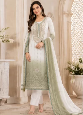 Crunchy Silk Pakistani Suit with Embroidered Work for Women in Off White and Olive