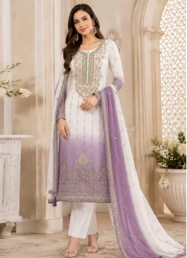 Crunchy Silk Pakistani Suit with Embroidered Work in Off White and Violet for Ceremonial