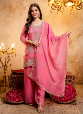 Crunchy Silk Palazzo Suit in Hot Pink with Embroidered Work for Women