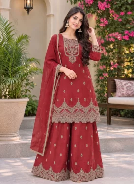 Crunchy Silk Palazzo Suit in Red with Embroidered Work for Festival