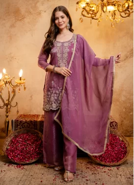 Crunchy Silk Palazzo Suit with Embroidered Work for Festival in Mauve Pink