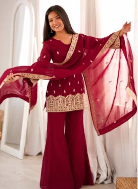 Crunchy Silk Palazzo Suit with Embroidered Work for Women in Red