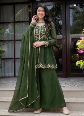 Crunchy Silk Palazzo Suit with Embroidered Work in Olive