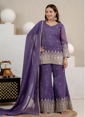 Crunchy Silk Palazzo Suit with Embroidered Work in Violet for Festival