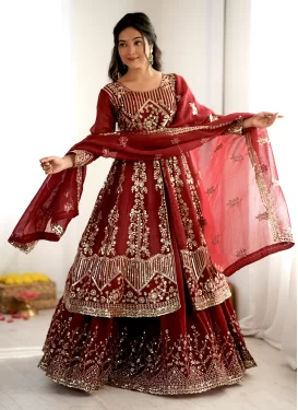 Crunchy Silk Readymade Lehenga Choli in Red with Embroidered Work for Festival