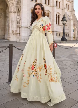 Crush Beads Work Trendy Gown in Cream