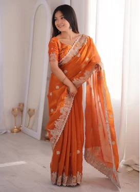 Crush Classic Saree with Embroidered Work for Ceremonial in Orange
