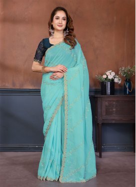 Crush Classic Saree with Embroidered Work in Turquoise for Ceremonial