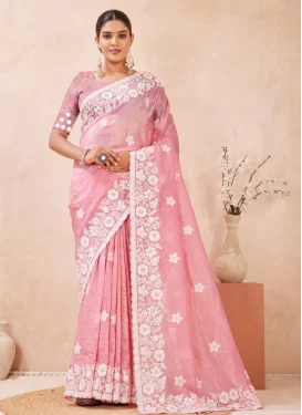 Crush Traditional Saree in Pink with Embroidered Work for Festival