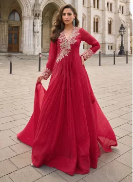 Crush Trendy Gown in Red with Embroidered Work for Festival