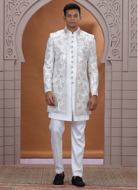 Cutdana Work Art Silk Indo Western in White for Men