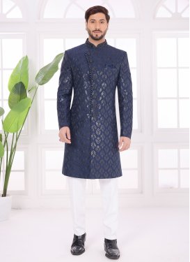 Cutdana Work Art Silk Wedding Sherwani in Navy Blue for Festival