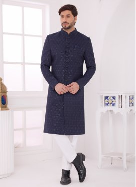 Cutdana Work Art Silk Wedding Sherwani in Navy Blue for Men