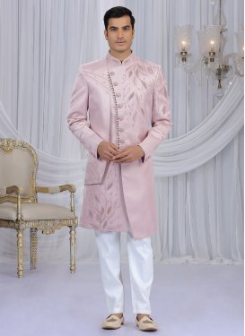 Cutdana Work Art Silk Wedding Sherwani in Pink and White for Party