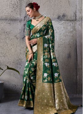 Cutdana Work Banarasi Silk Classic Saree in Green for Women
